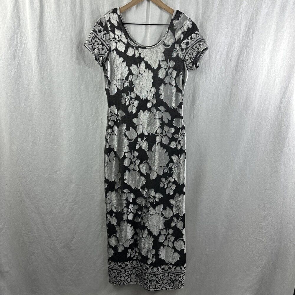 Caroline Wells Vintage Gray Burnout Velvet Floral Maxi Dress Womens 4 Romantic